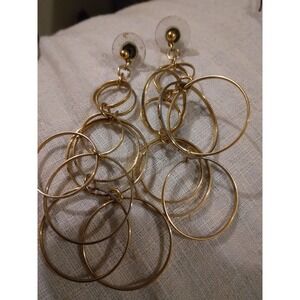 Vtg Gold Tone 2.75" Dangle Multiple Hoops Post Earrings  Circle Of Infinity